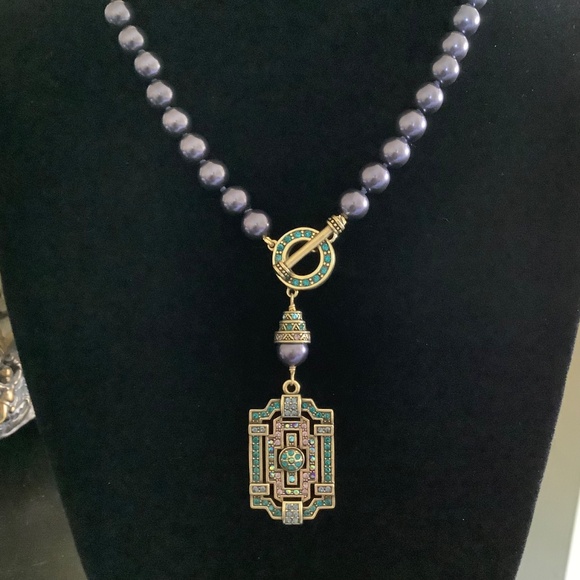 Heidi Daus Beaded Crystal Toggle Necklace With Earrings and Ring Set Blue Multi - Picture 5 of 16